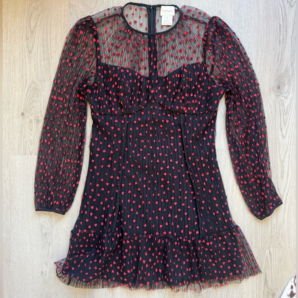 Foxiedox Lilia Illusion Sheer Black Red Hearts Dress Dots Mini Size M Medium